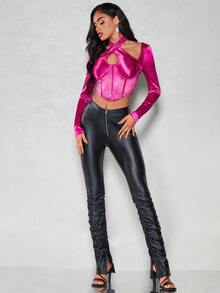 SHEIN BAE Zip Up Ruched PU Leather Trousers - Black - View 5