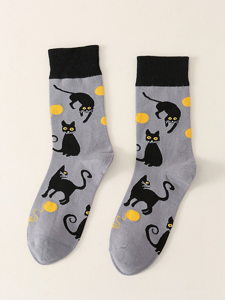 卡通貓樣式中筒襪