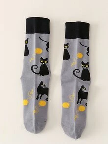 卡通貓樣式中筒襪
