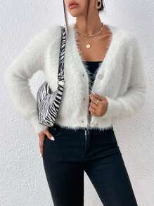 SHEIN Frenchy Cárdigan corto tejido mullido con botón delantero - Blanco - Ver 4