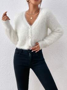 SHEIN Frenchy Cárdigan corto tejido mullido con botón delantero - Blanco - Ver 1