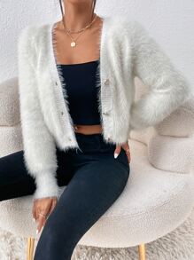 SHEIN Frenchy Cárdigan corto tejido mullido con botón delantero - Blanco - Ver 5