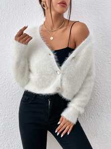 SHEIN Frenchy Cárdigan corto tejido mullido con botón delantero - Blanco - Ver 2