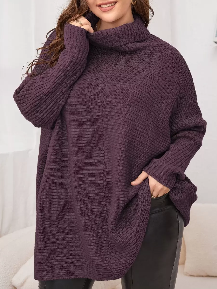 SHEIN LUNE Plus Funnel Neck Batwing Sleeve Jumper - Purple - View 1