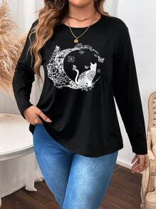 SHEIN LUNE Plus Animal Print Tee - Black - View 1