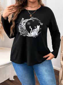 SHEIN LUNE Plus Animal Print Tee - Black - View 3