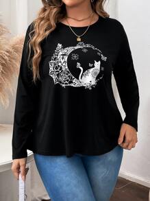 SHEIN LUNE Plus Animal Print Tee - Black - View 5