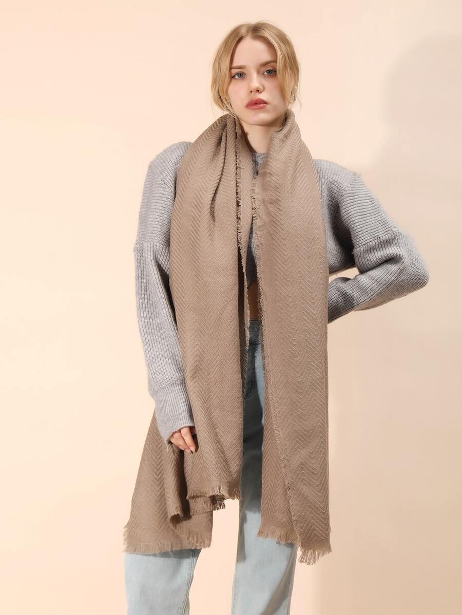 1pc Women's Solid Color Acrylic Houndstooth Pattern Fringed Scarf Shawl, Suitable For Daily Use - Khaki - View 1