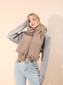 1pc Women's Solid Color Acrylic Houndstooth Pattern Fringed Scarf Shawl, Suitable For Daily Use - Khaki - View 5