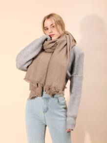 1pc Women's Solid Color Acrylic Houndstooth Pattern Fringed Scarf Shawl, Suitable For Daily Use - Khaki - View 6