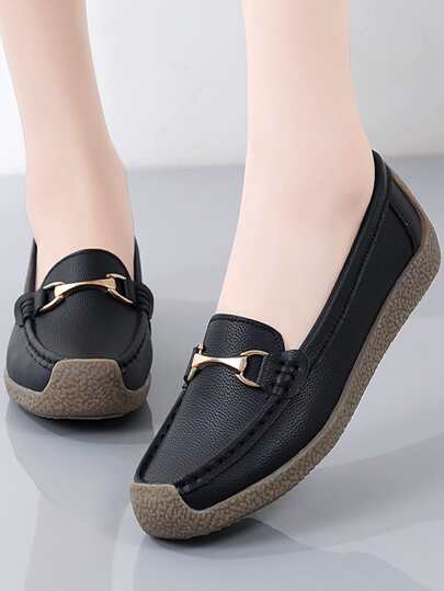 Women's Black Casual Loafers With Hand-Stitching &Metal Buckle. Elegant Women Flats, Lightweight Leather Shoes.