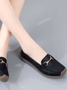 Women's Black Casual Loafers With Hand-Stitching &Metal Buckle. Elegant Women Flats, Lightweight Leather Shoes. - Black - View 3