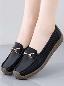 Women's Black Casual Loafers With Hand-Stitching &Metal Buckle. Elegant Women Flats, Lightweight Leather Shoes. - Black - View 5