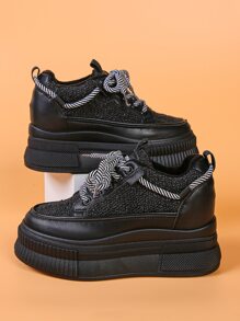 Women's Platform Sneakers, Street Fashion Casual Shoes, Lace-Up Elevator Shoes - Black - View 1
