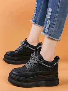 Women's Platform Sneakers, Street Fashion Casual Shoes, Lace-Up Elevator Shoes - Black - View 3