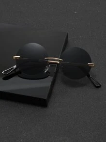 男士无框圆形镜片太阳镜，适合夏季海滩度假、户外、旅行 - 黑色 - 查看 3