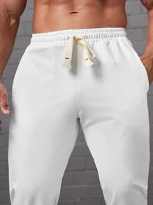 Manfinity Homme 男士素色腰部抽繩衛褲 - 白色 - 查看 4