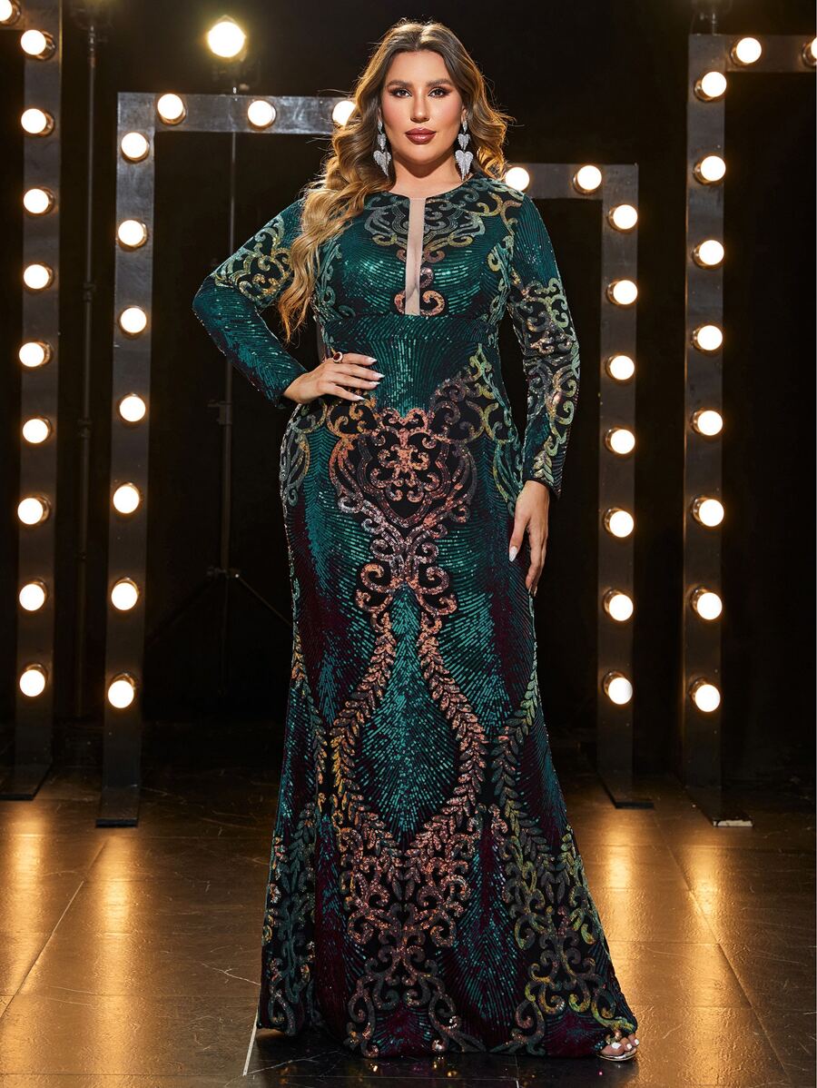 YISIKADO Vestido de vestir de malla barroco con lentejuelas - Verde Oscuro - Ver 1