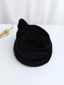 Cute Fluffy Ear Decor Hat - Black - View 3