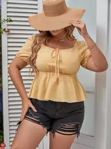 Calvaya Plus Tie Front Puff Sleeve Peplum Blouse - Yellow - View 1