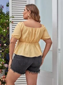 Calvaya Plus Tie Front Puff Sleeve Peplum Blouse - Yellow - View 2