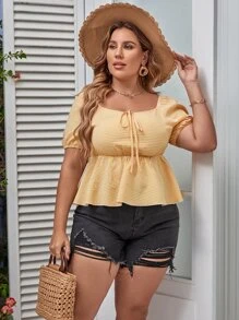 Calvaya Plus Tie Front Puff Sleeve Peplum Blouse - Yellow - View 3