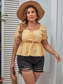 Calvaya Plus Tie Front Puff Sleeve Peplum Blouse - Yellow - View 5