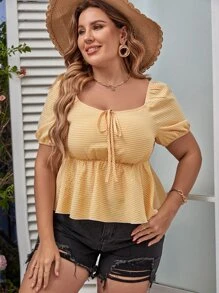 Calvaya Plus Tie Front Puff Sleeve Peplum Blouse - Yellow - View 7