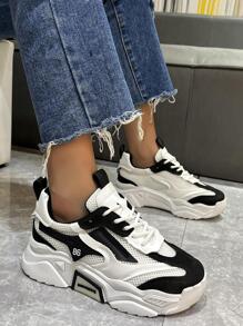 Giày thể thao nữ, giày thể thao đế thô đen trắng có lưới da tương phản, giày thể thao đế thô thường ngày thoải mái và thoáng khí - Đen và trắng - Xem 1