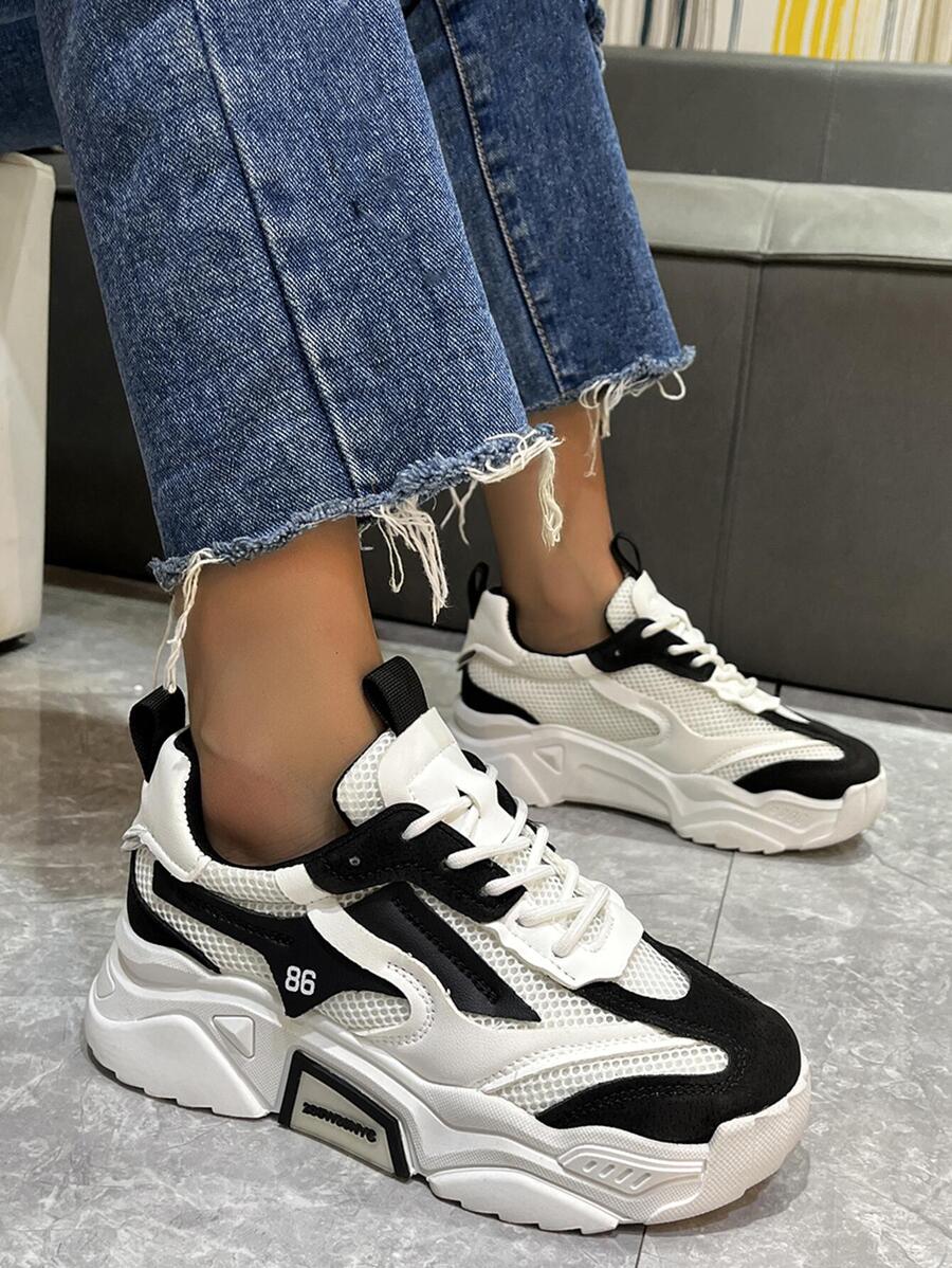 Giày thể thao nữ, giày thể thao đế thô đen trắng có lưới da tương phản, giày thể thao đế thô thường ngày thoải mái và thoáng khí - Đen và trắng - Xem 1
