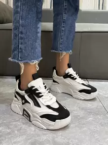 Giày thể thao nữ, giày thể thao đế thô đen trắng có lưới da tương phản, giày thể thao đế thô thường ngày thoải mái và thoáng khí - Đen và trắng - Xem 3