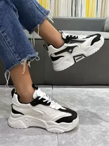 Giày thể thao nữ, giày thể thao đế thô đen trắng có lưới da tương phản, giày thể thao đế thô thường ngày thoải mái và thoáng khí - Đen và trắng - Xem 4