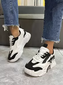 Giày thể thao nữ, giày thể thao đế thô đen trắng có lưới da tương phản, giày thể thao đế thô thường ngày thoải mái và thoáng khí - Đen và trắng - Xem 5