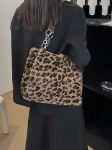 毛绒绒、柔软、毛绒豹纹蓬松单肩托特包，适合女孩、女士、大学生、新人及白领，适合工作、办公室、通勤、秋冬季、温暖冬季、户外、豹纹包、新款秋冬女包、最佳秋季钱包、2025 秋季新款女士时尚包、新款秋冬女士虎纹包、新款女士皮草包 - 棕色 - 查看 2