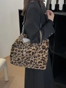 毛绒绒、柔软、毛绒豹纹蓬松单肩托特包，适合女孩、女士、大学生、新人及白领，适合工作、办公室、通勤、秋冬季、温暖冬季、户外、豹纹包、新款秋冬女包、最佳秋季钱包、2025 秋季新款女士时尚包、新款秋冬女士虎纹包、新款女士皮草包 - 棕色 - 查看 8