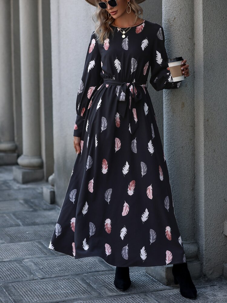 SHEIN LUNE 羽毛印花燈籠袖繫腰帶洋裝 - 黑色 - 查看 6