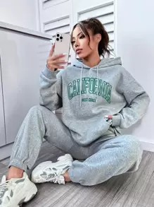 SHEIN Unity Pantalones deportivos con capucha con estampado de letra de hombros caídos con cordón - Gris - Ver 1