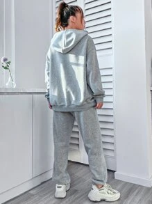 SHEIN Unity Pantalones deportivos con capucha con estampado de letra de hombros caídos con cordón - Gris - Ver 2