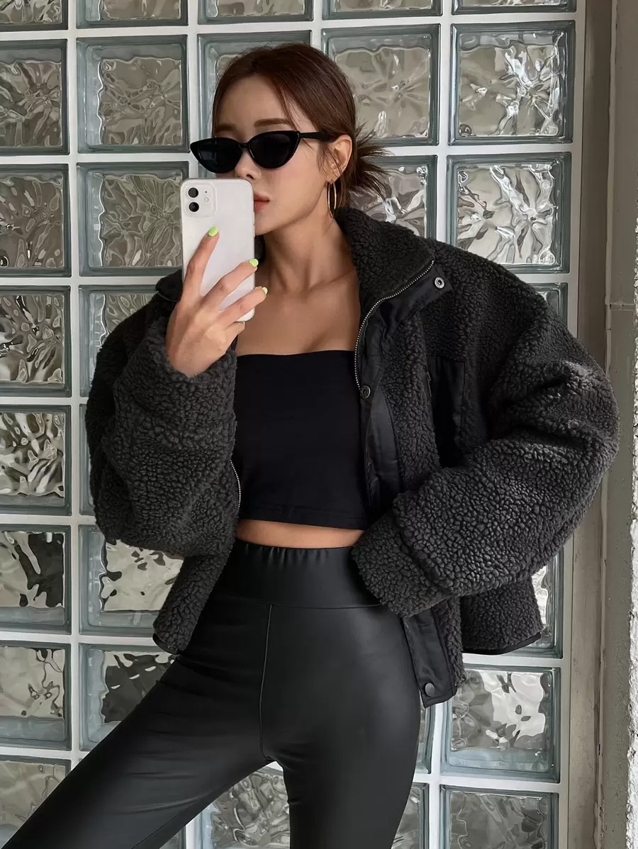 DAZY Zip Up Drop Shoulder Teddy Jacket,Fall Women Clothes - Black - View 1