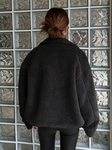 DAZY Zip Up Drop Shoulder Teddy Jacket,Fall Women Clothes - Black - View 2