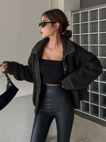 DAZY Zip Up Drop Shoulder Teddy Jacket,Fall Women Clothes - Black - View 4