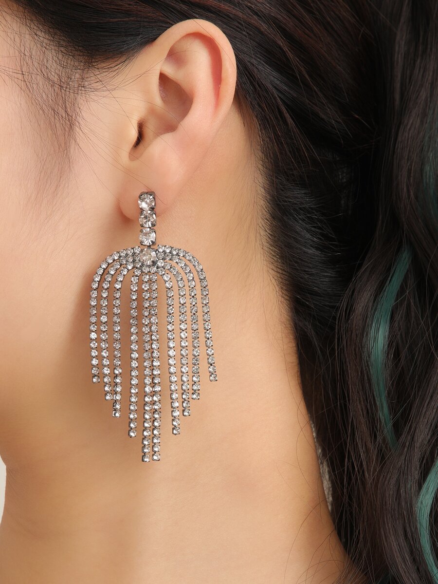 Rhinestone Tassel Drop Earrings - Black - View 1