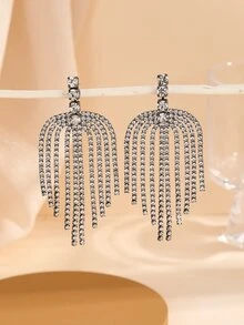 Rhinestone Tassel Drop Earrings - Black - View 2
