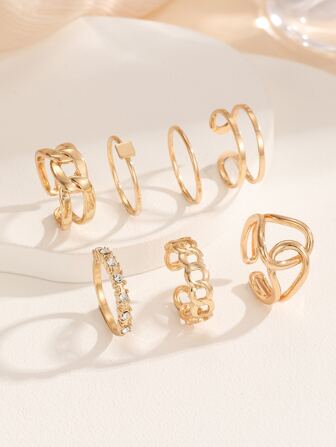 7入組水鑽和方形裝飾戒指