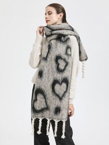 愛心圖案扭結流蘇下擺圍巾 - 黑與白 - 查看 4