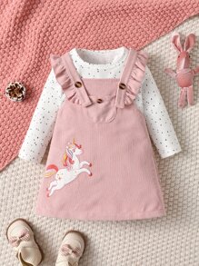 Toddler Girls Dalmatian Print Tee & Unicorn Print Ruffle Trim Corduroy Pinafore Dress - Multicolor - View 1