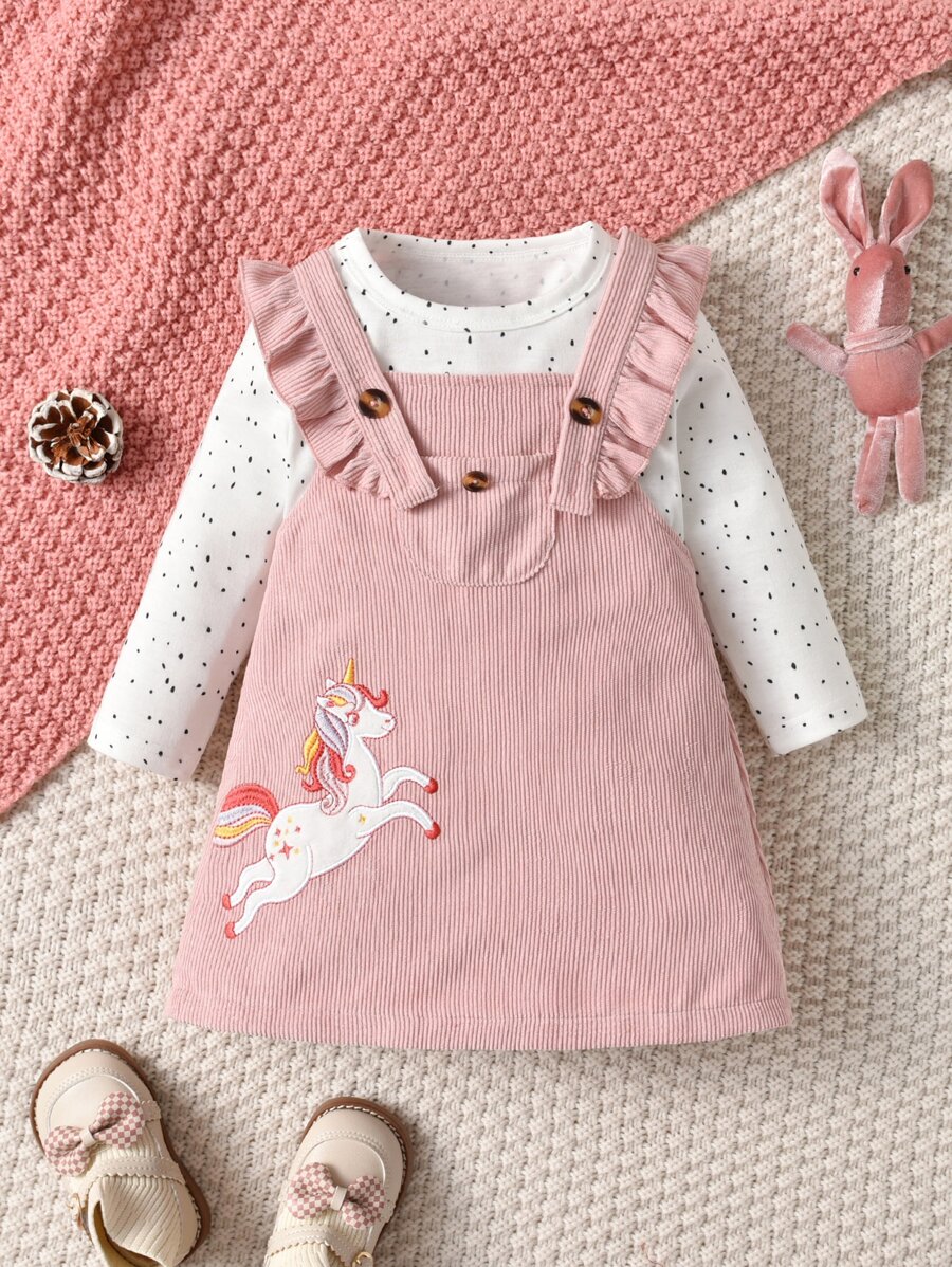 Toddler Girls Dalmatian Print Tee & Unicorn Print Ruffle Trim Corduroy Pinafore Dress - Multicolor - View 1