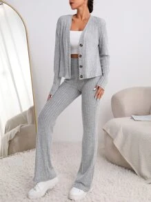 SHEIN Essnce Ribbed Knit Button Front Jacket & Flare Leg Trousers Without Cami Top - Grey - View 4