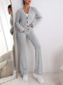 SHEIN Essnce Ribbed Knit Button Front Jacket & Flare Leg Trousers Without Cami Top - Grey - View 1