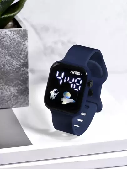 1 st. ungdoms-/studentklocka med astronaut- och flygplansdesign i TPU-material med LED-funktion, lämplig för vardagslivet och skolstarten